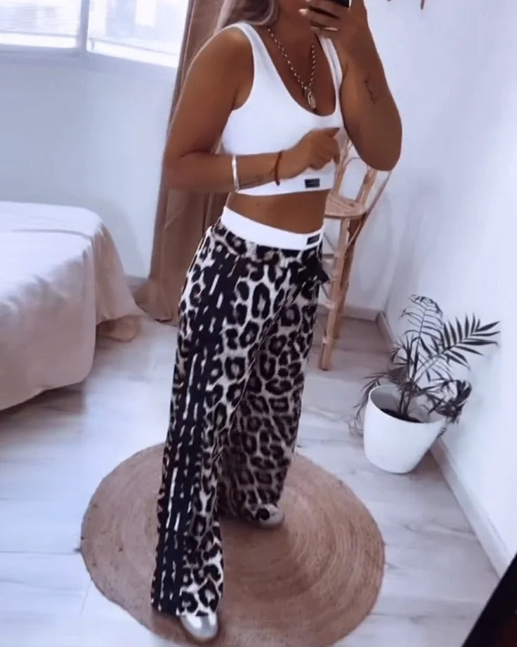 Women's Casual Sleeveless Solid Top Leopard Print Pants Two-Piece Set 4