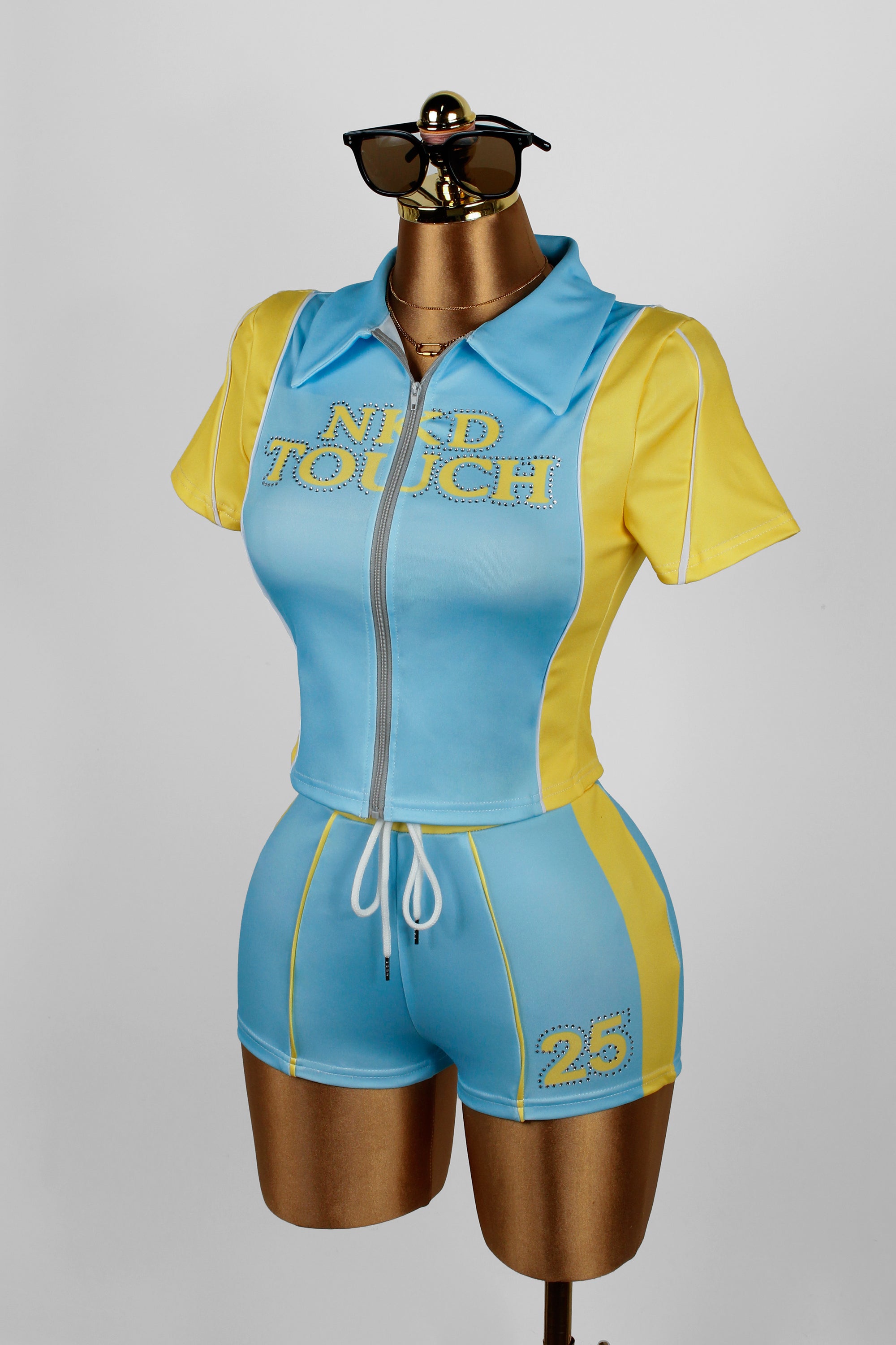 Women Summer Contrast Color Patchwork Letter Print Zipper Top and Shorts Two-Piece Set 7