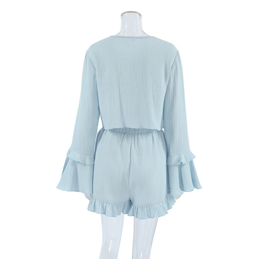 Women Lotus Edge Long-sleeved Top and Shorts Two-piece Set 7