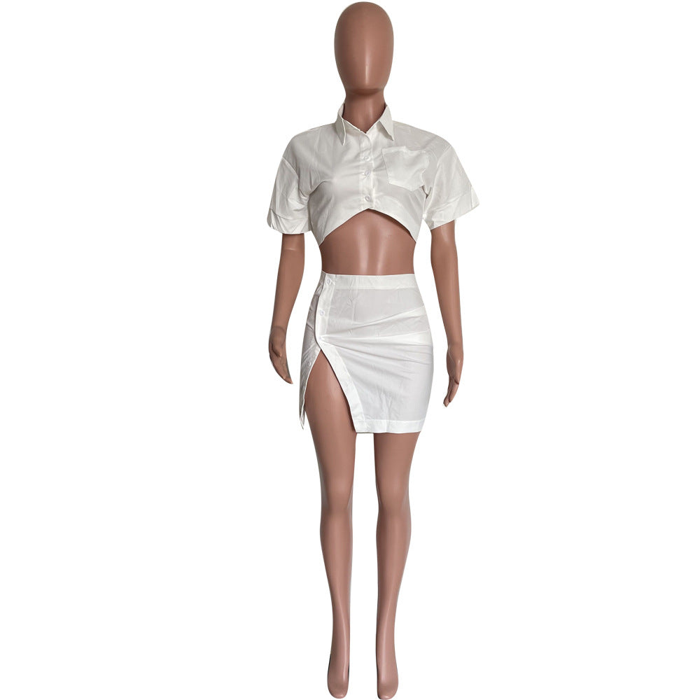 Women's fashion sexy solid color button Crop Shirt split skirt two-piece set 22