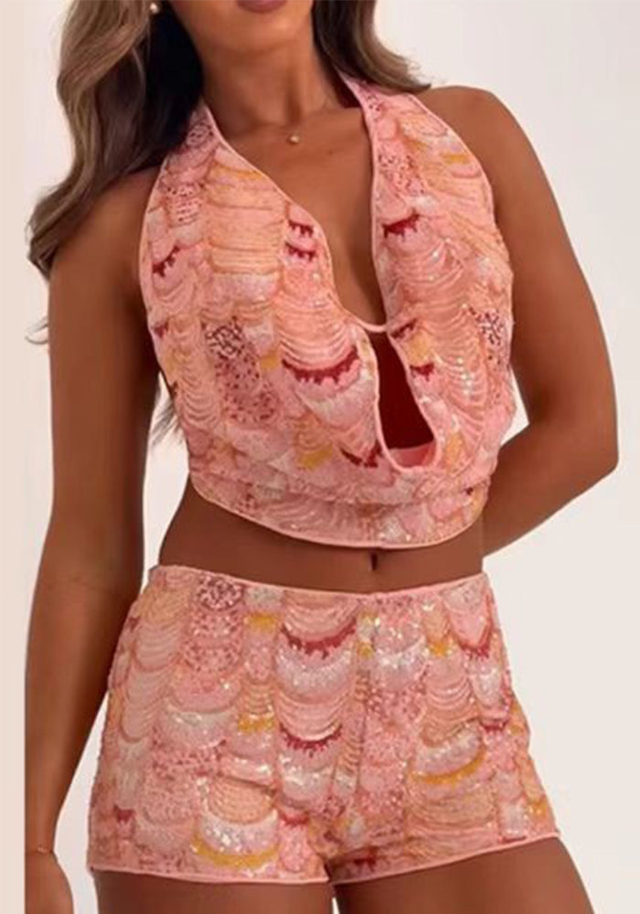 Women sequined backless Halter Neck sexy suspender top and shorts two-piece set