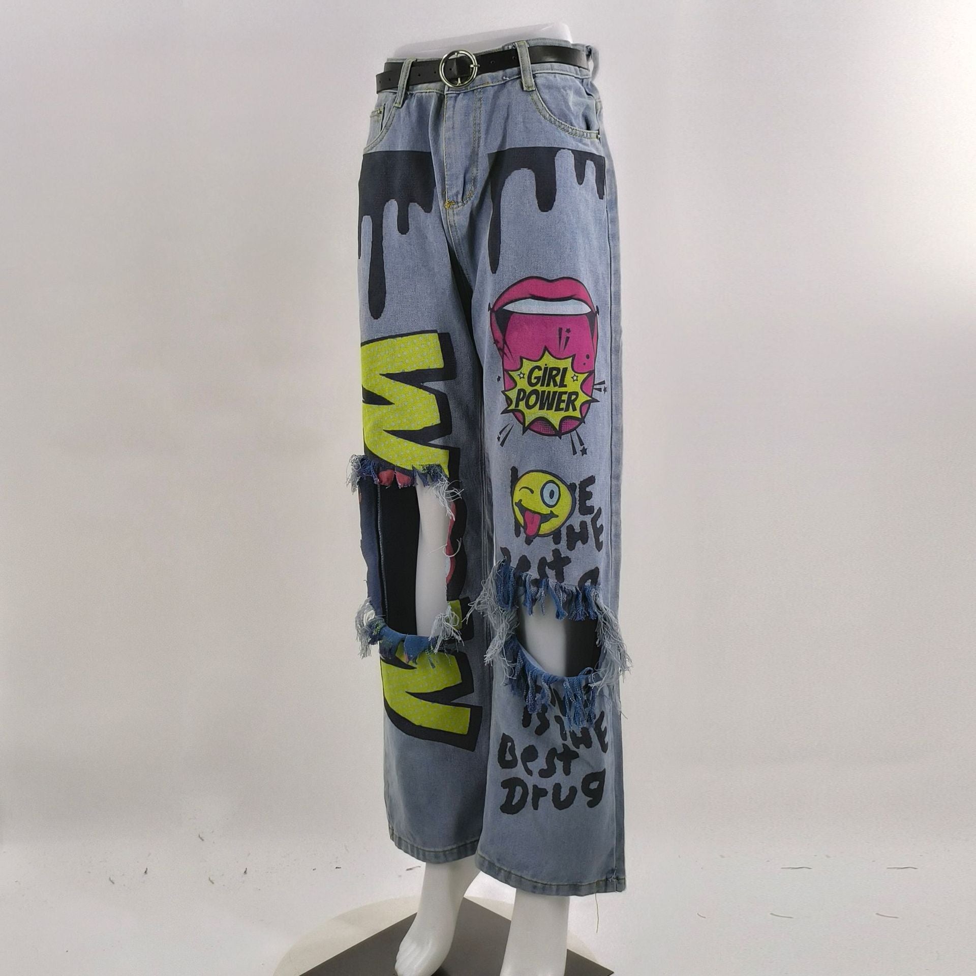 Women Ripped Print Crago Denim Pants 5