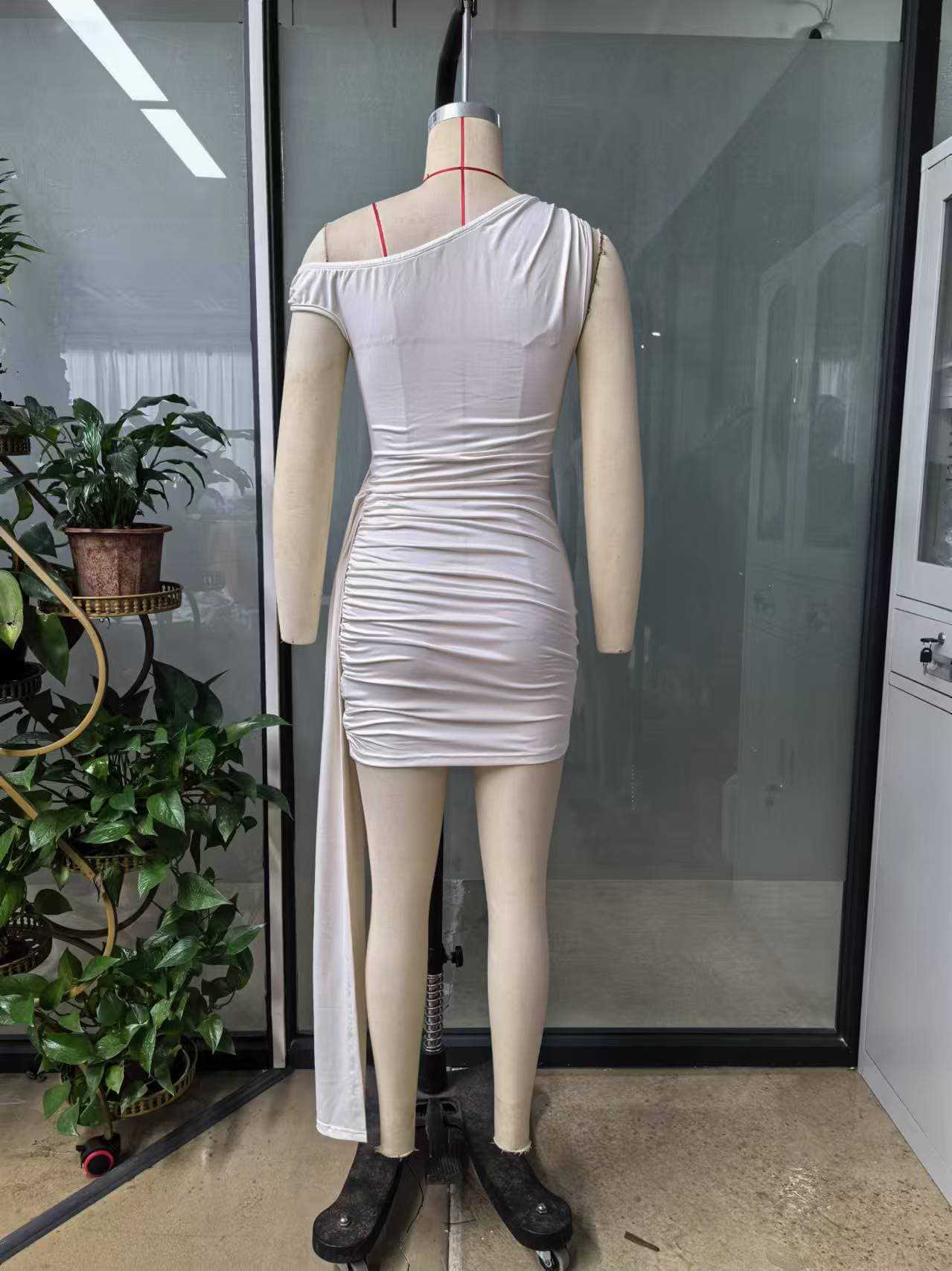 Women summer Solid Slash Shoulder Ribbon Bodycon Ruffle Bandage Dress 12