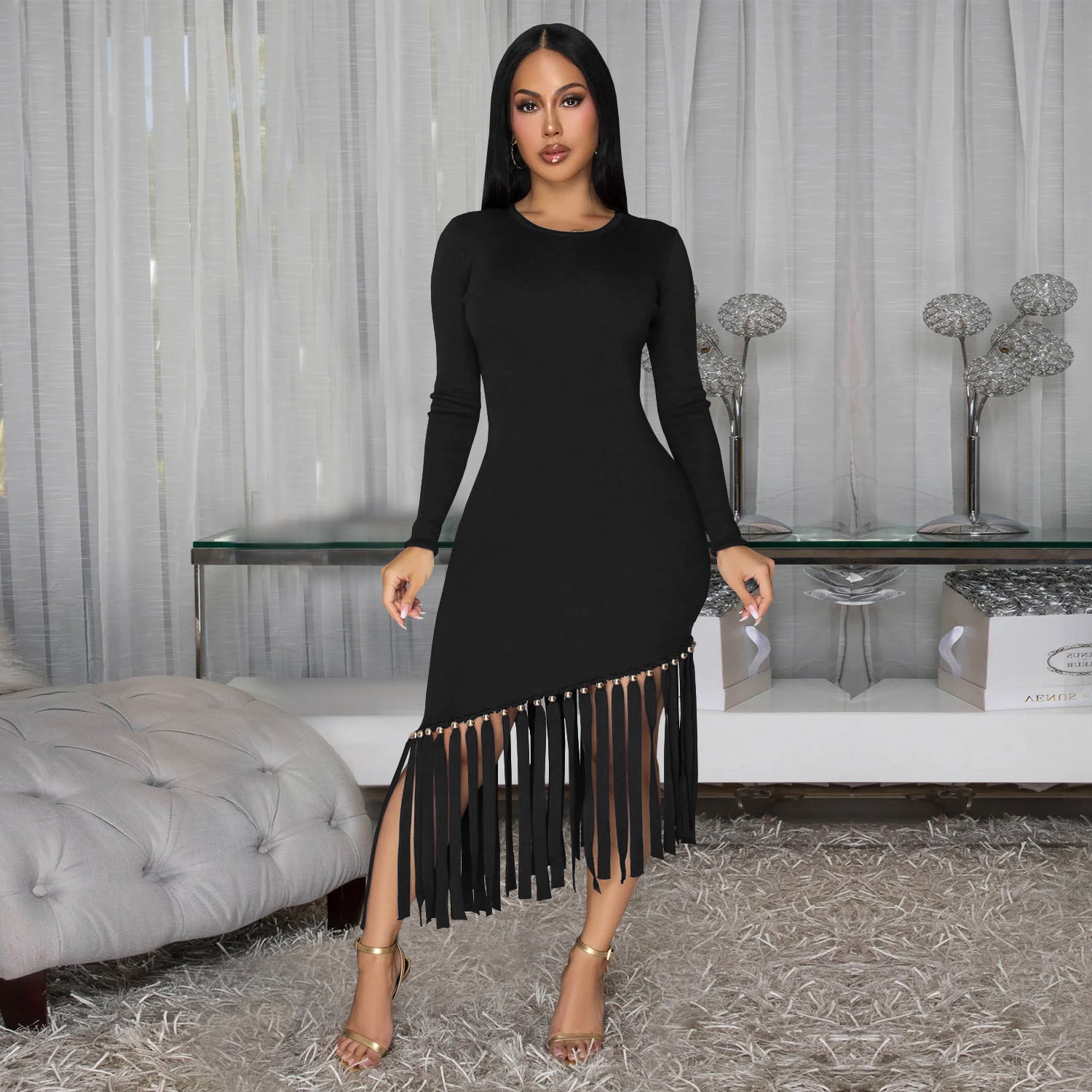 Women Solid Round Neck Tassel Dress 6