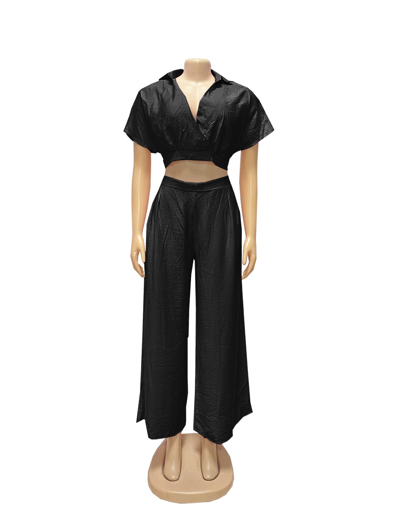 Women Casual Holidays Summer Turndown Collar Short Top & High-Waist Wide-Leg Pants Set 29