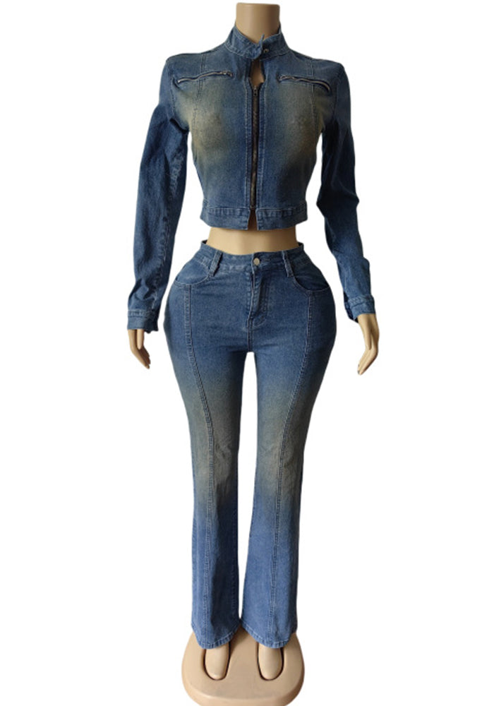 Denim Stretch Long Sleeve Jacket Flared Pants Set