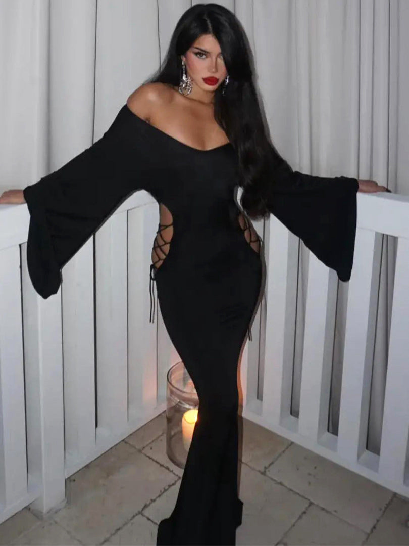 Women Autumn and Winter Tie Hollow Off Shoulder Loose Long Sleeve Dress 5