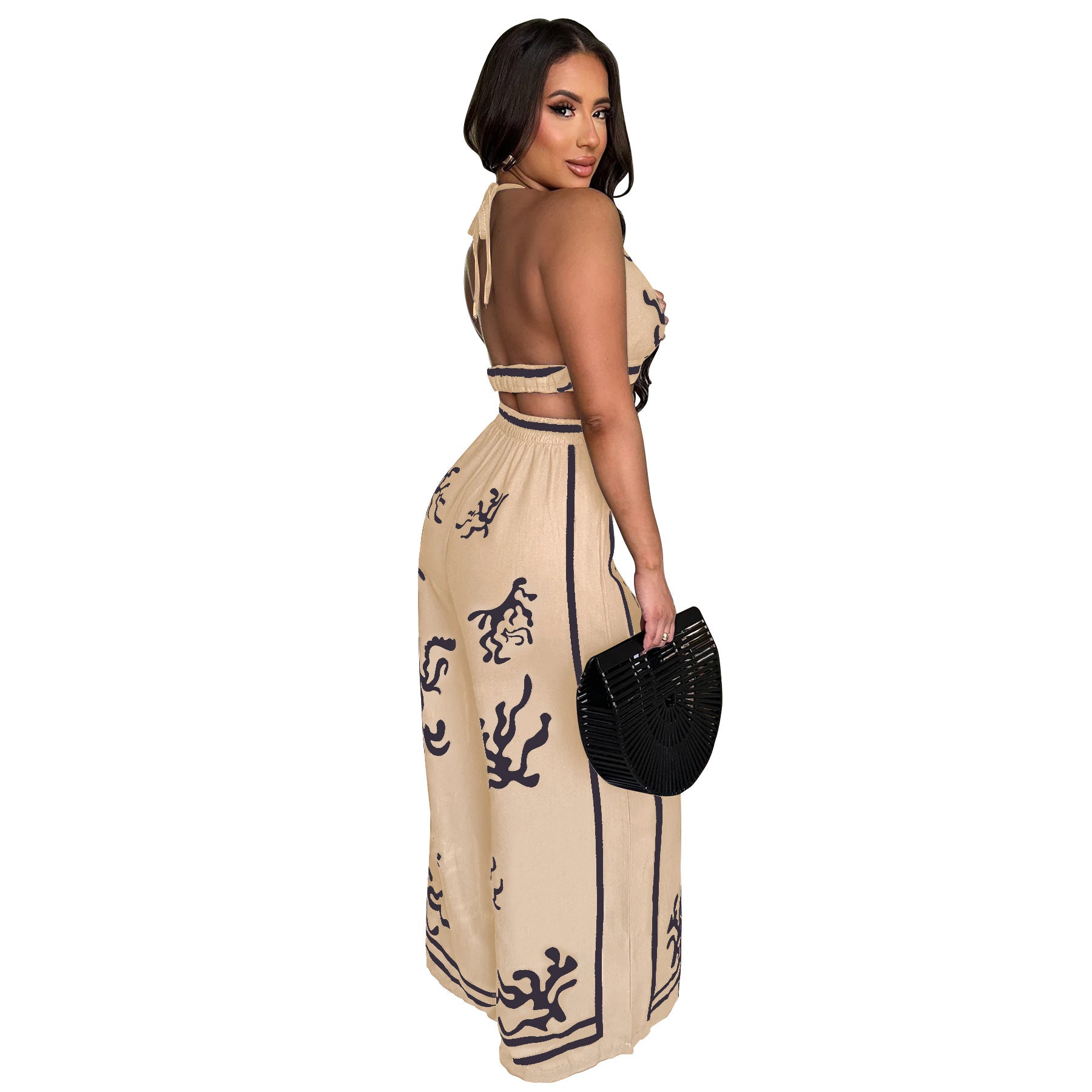 Summer Sexy Print Halter V Neck Vest Wide Leg Pants Two Piece Set 27