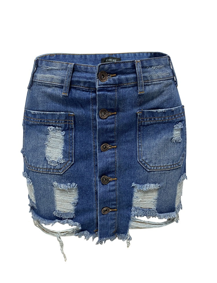 Spring Summer Women's Ripped Tight Fitting Bodycon Denim Skirt 9