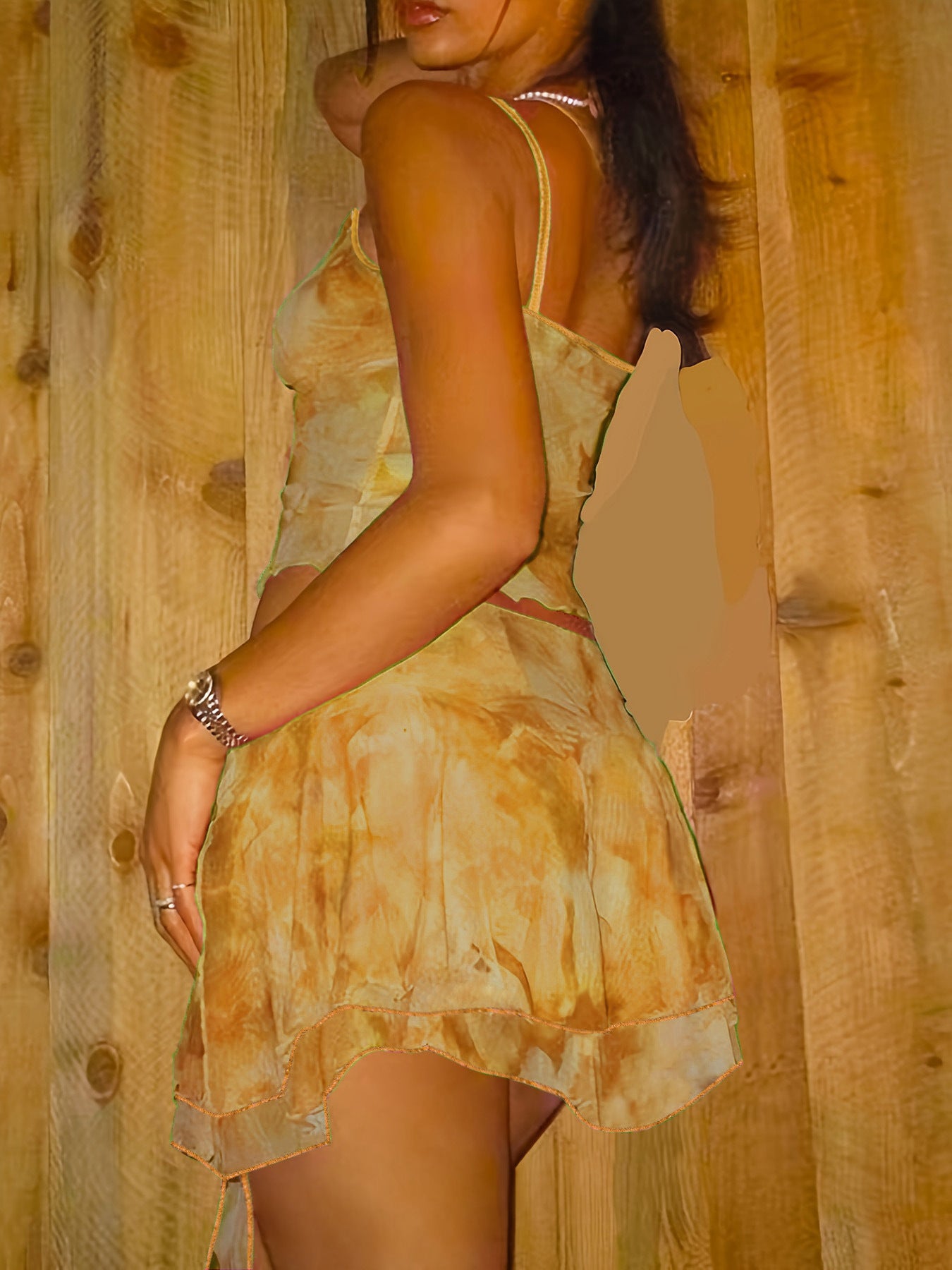 Women Two Mesh Sexy Camisole Top and Irregular Slit Skirt Two-Piece Set 28