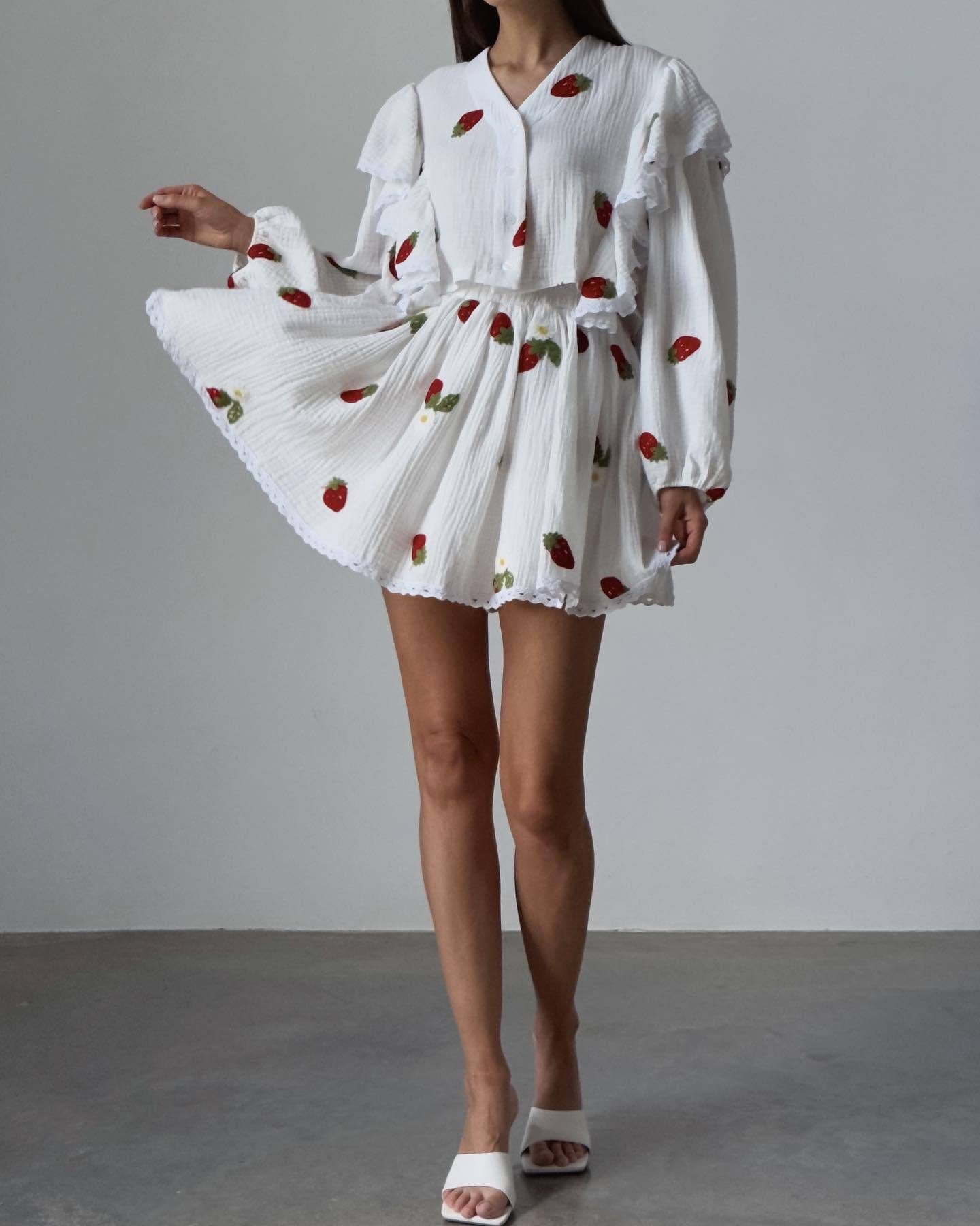 Women Ruffle Strawberry Print Long Sleeve Top and Skirt Two-Piece Set 5