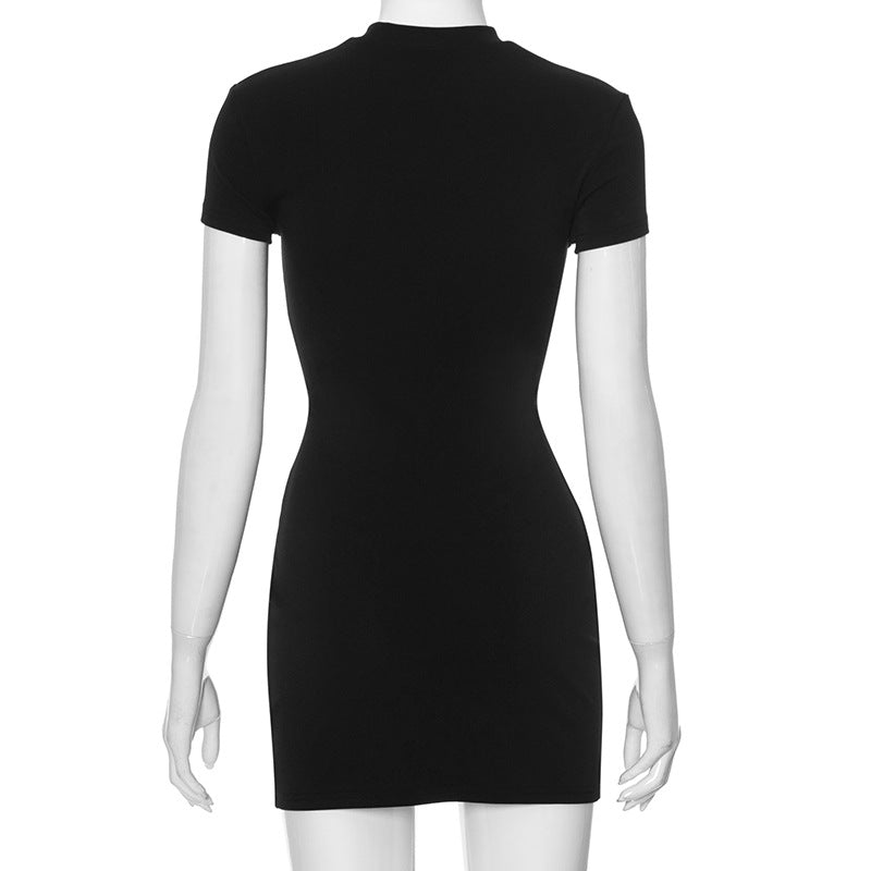 Women's summer fashion hollow solid color Patchwork Round Neck short sleeve slim dress 8