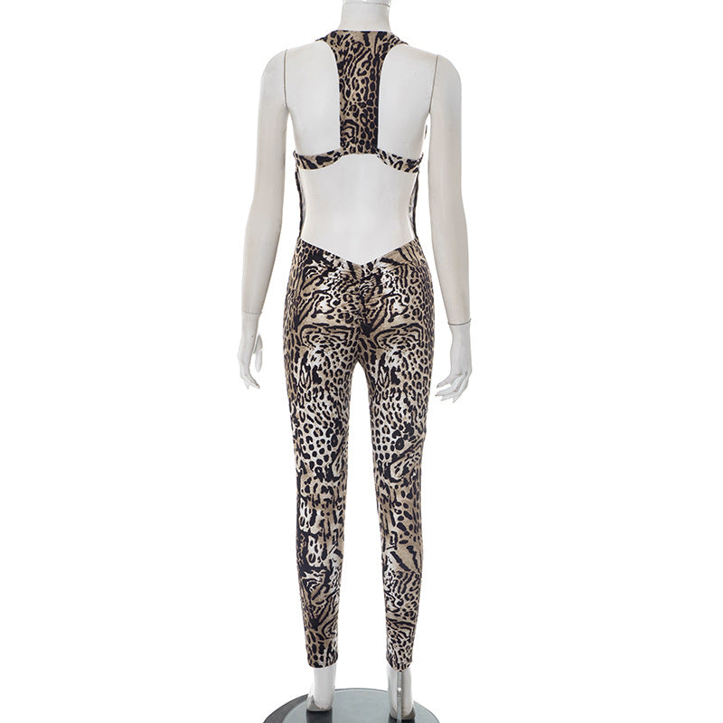 Women's Spring Summer Halter Neck Hollow Low-Back Leopard Print Slim Jumpsuit 8