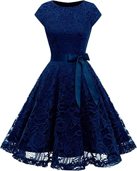 Spring Chic French Retro Slim Fit Round Neck Basic Mid-Length Gentle Lace A-Line Dress 4