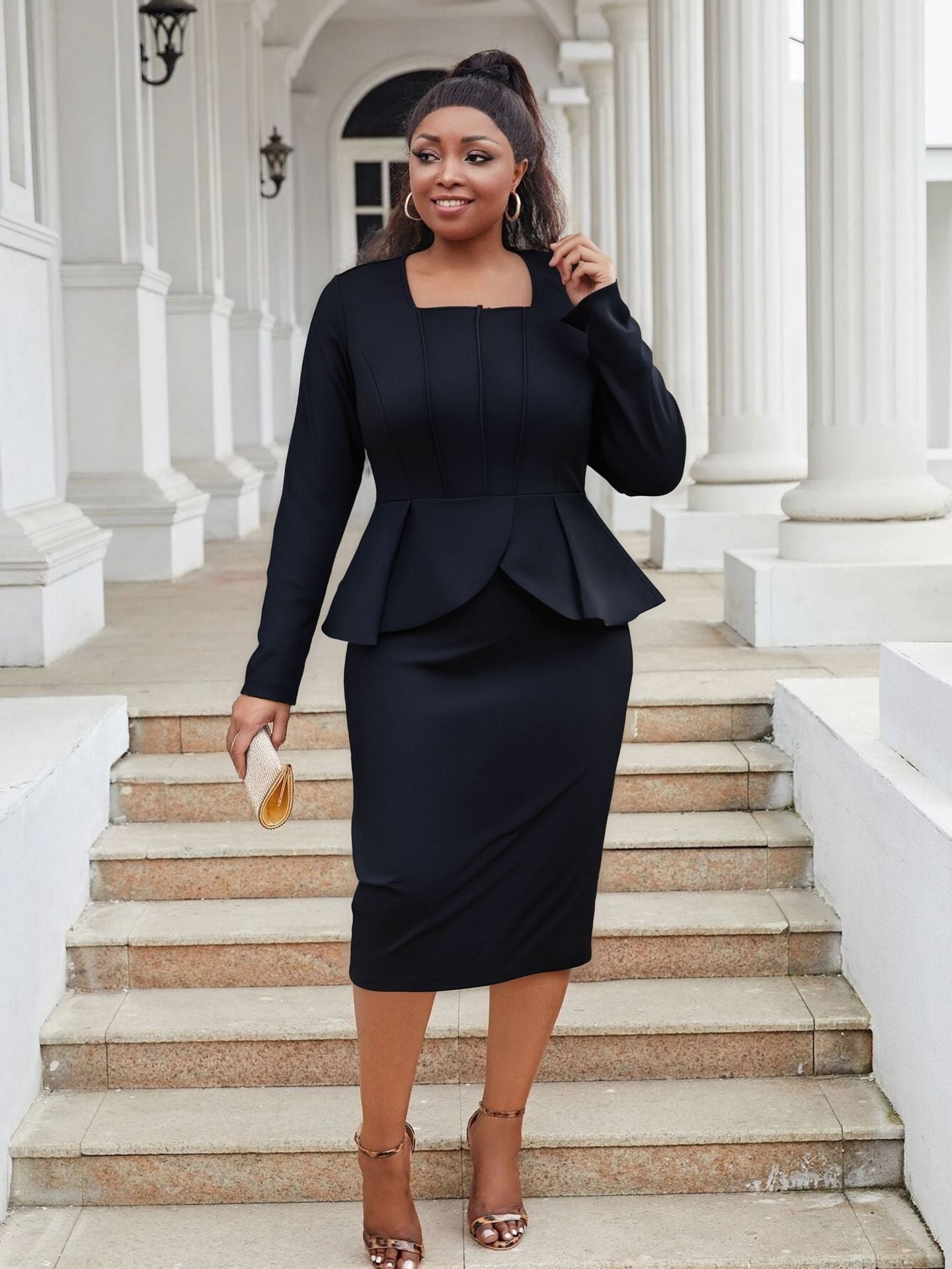 Plus Size Women deep U-neck long sleeve ruffled bodycon dress 8