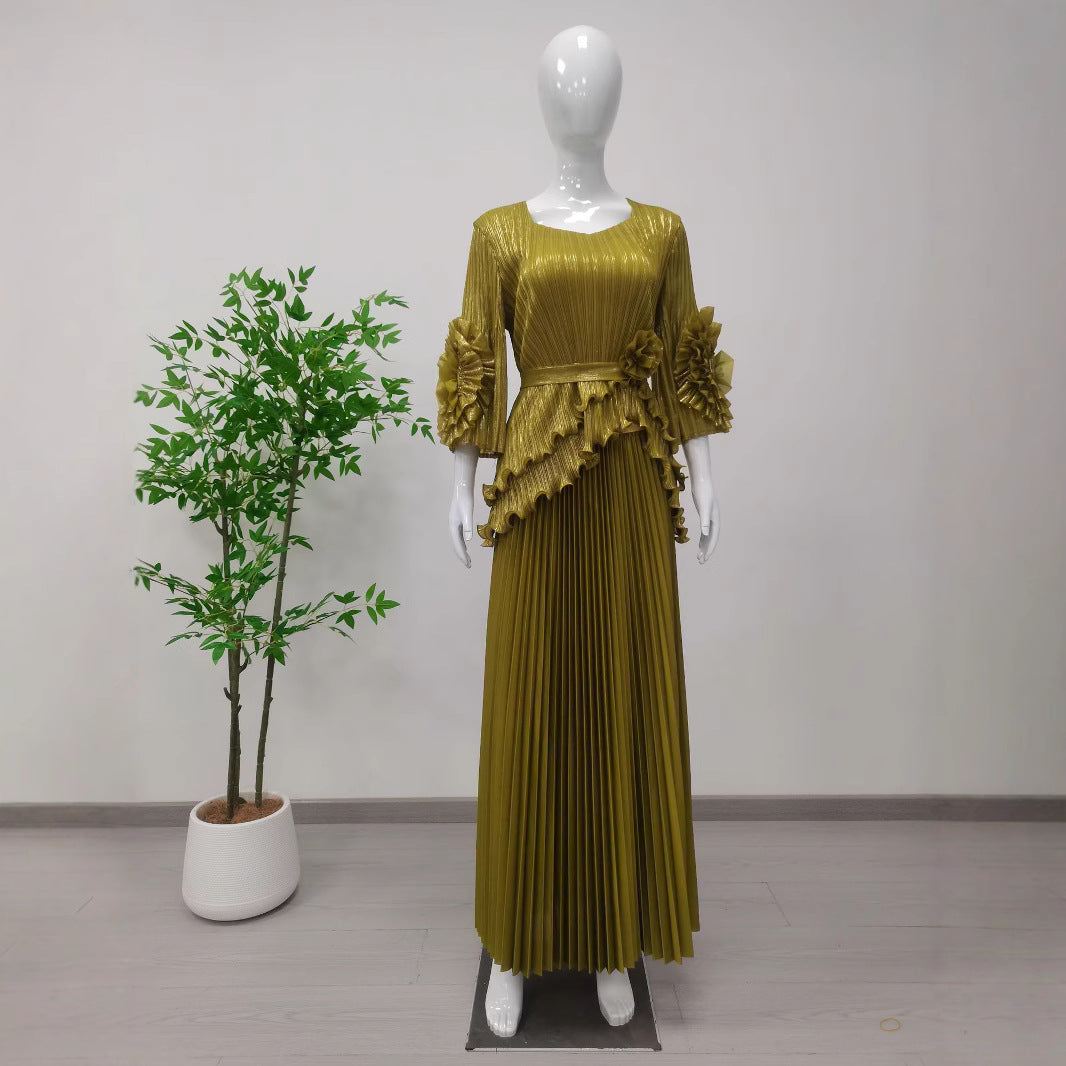 Plus Size Women Casual Pleated Irregular Top and Skirt Two Piece Set 7