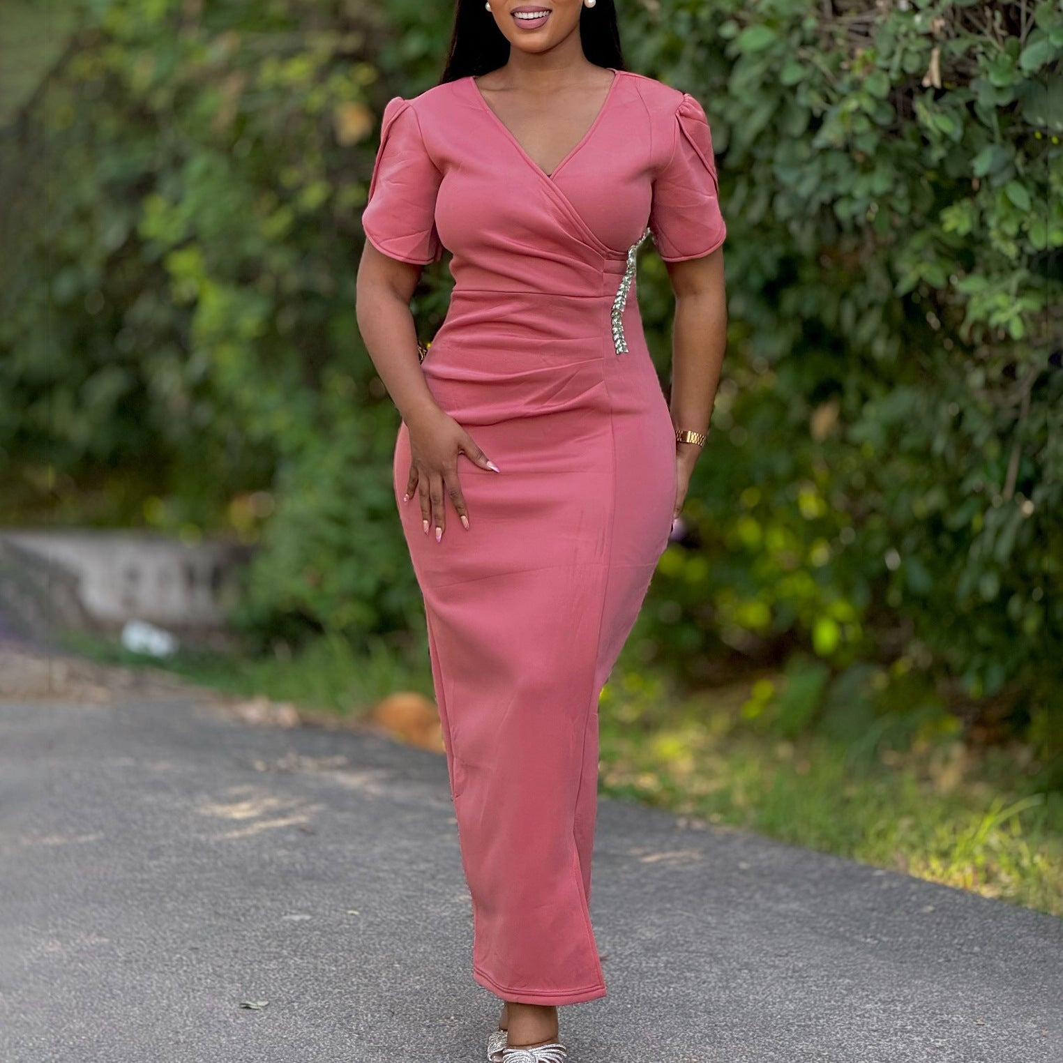 Women's Chic Fashion V-Neck Beaded African Formal Party Dress