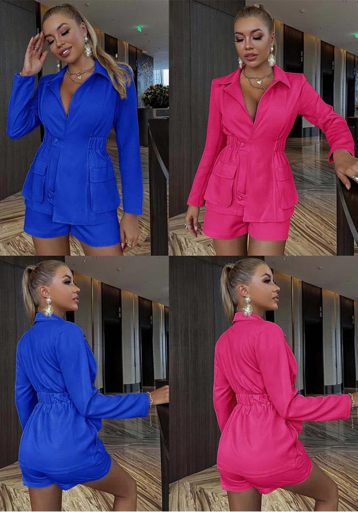 Women turndown collar v-neck long-sleeved pocket top shorts two-piece set