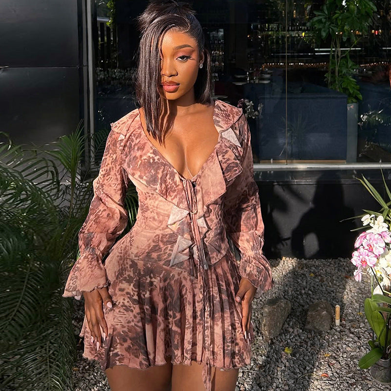 Women Summer/Autumn Ruffled Collar Long-Sleeved Mesh Leopard Print Off-The-Shoulder Pleated Dress 11