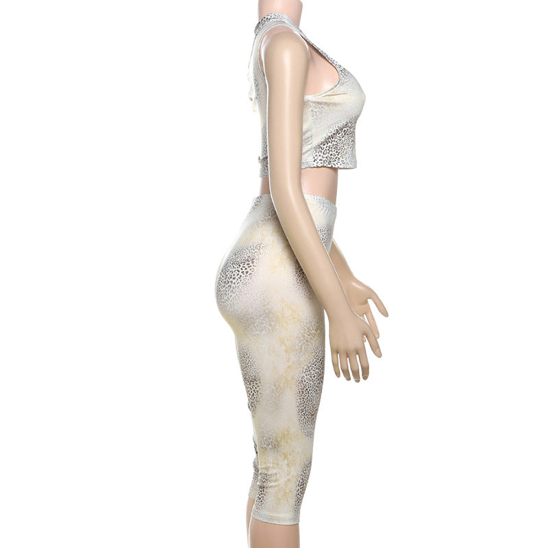 Summer Women's Fashion Street Contrast Leopard Print One-Shoulder Crop Top Shorts Two-Piece Set 10