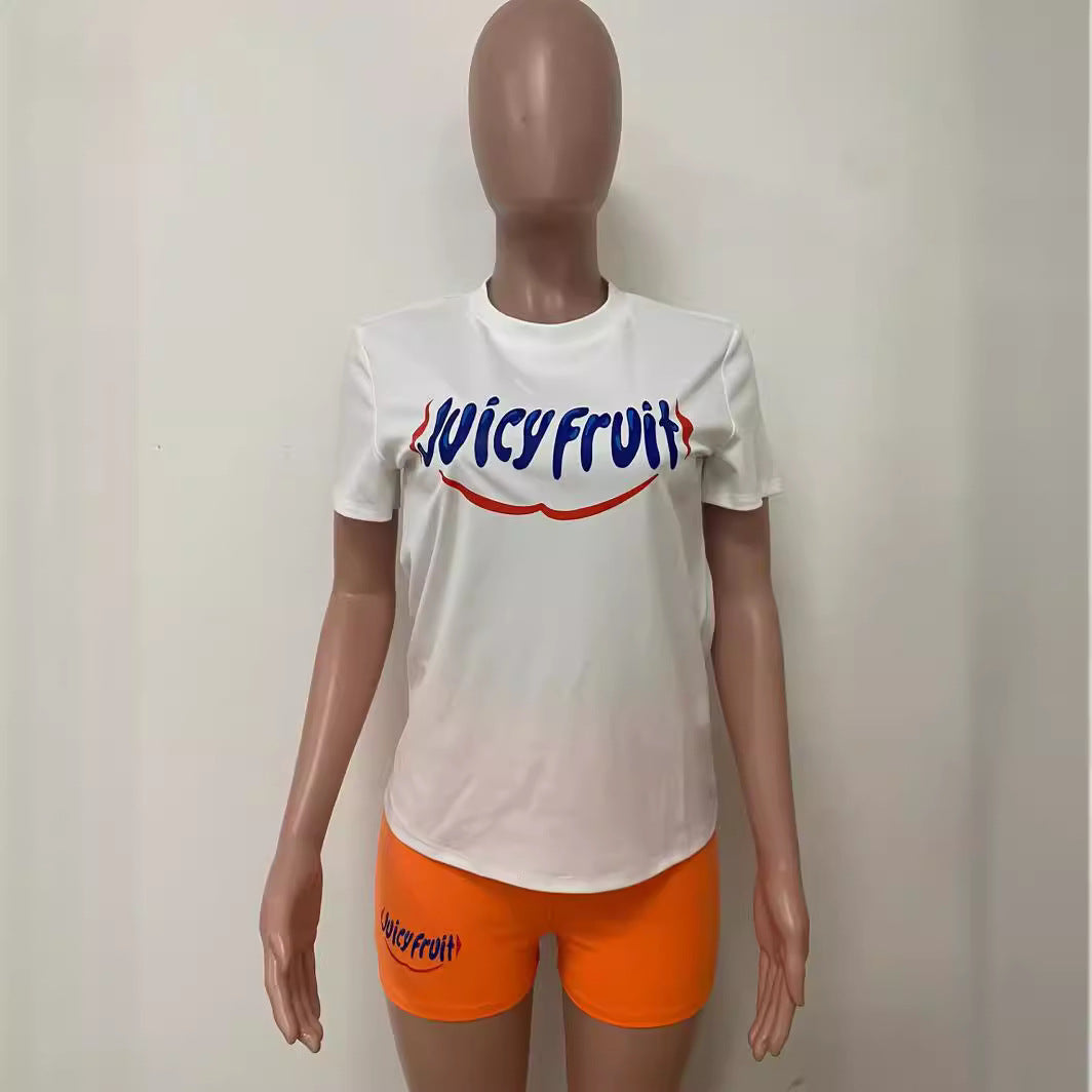 Summer Fashion Women's Letter Printed Short Sleeve Shorts Casual Two Piece Shorts Set 3