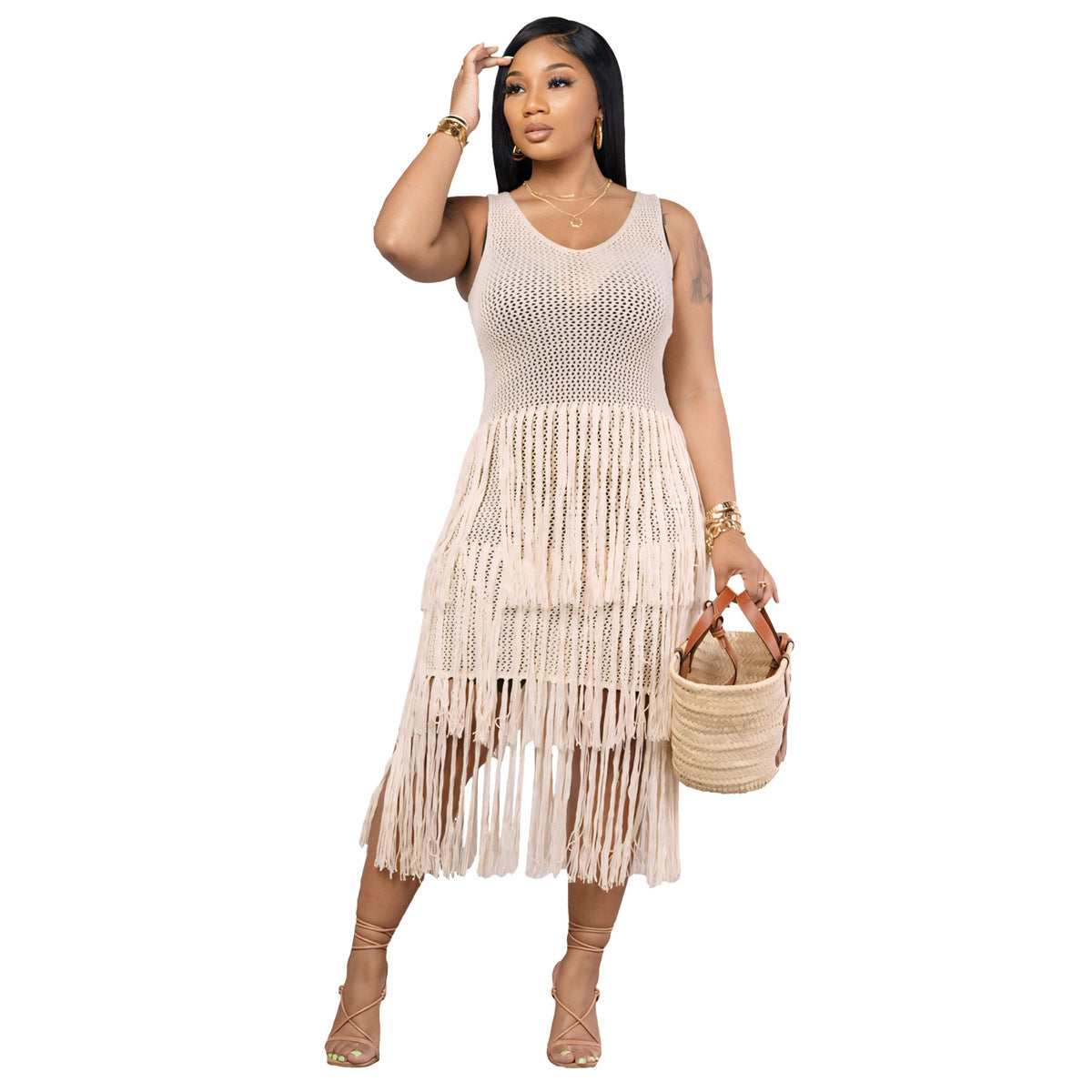 Women Casual Round Neck Sleeveless knitting Mesh Tassel See-Through Dress 7