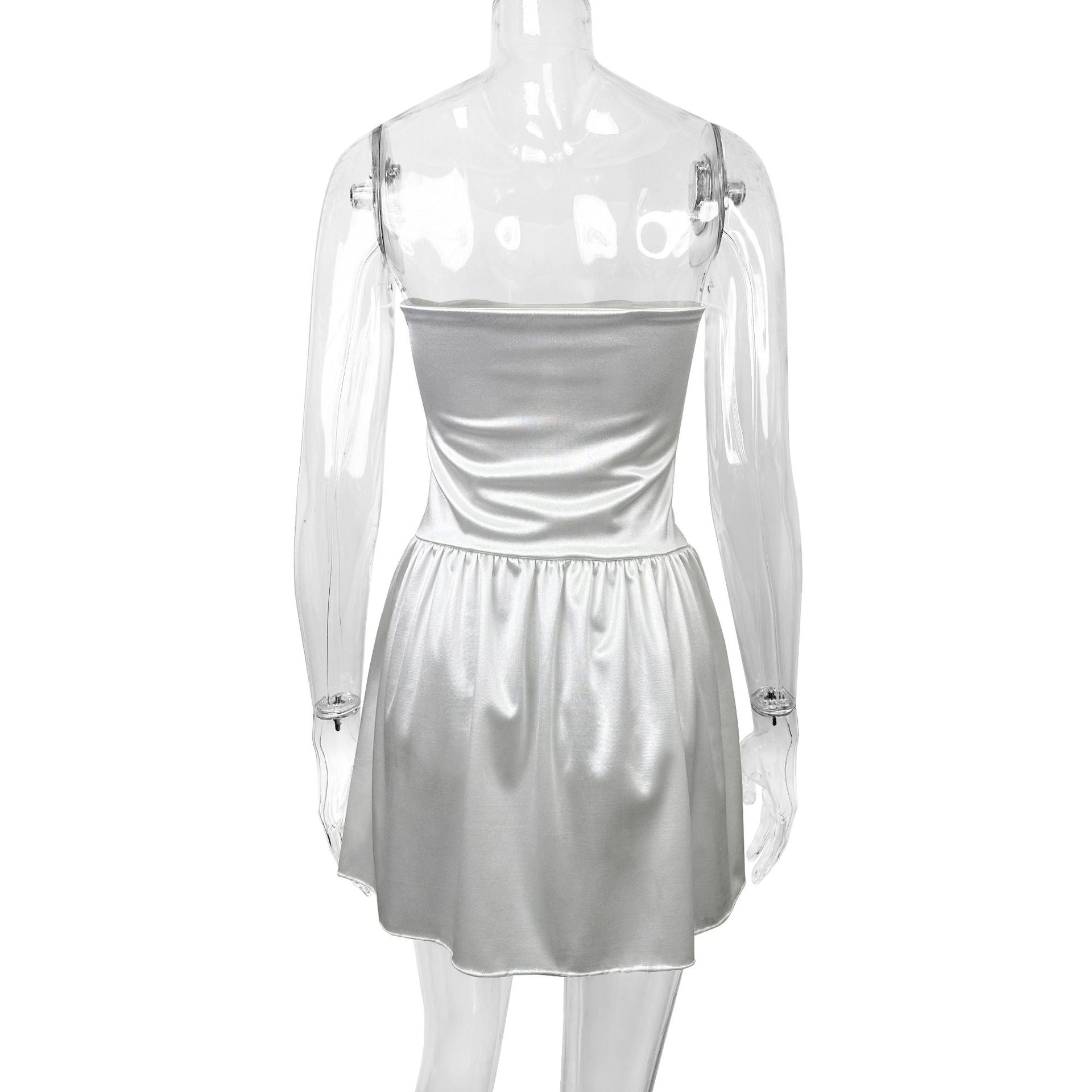 Spring Sweet Elegant Slim Waist Satin Strapless Bubble Short Dress 8