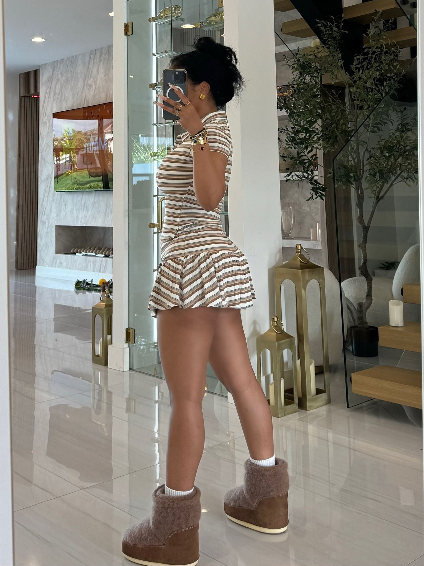 Turndown Collar Short-Sleeved T-Shirt Striped Shorts Women's Two Piece Set