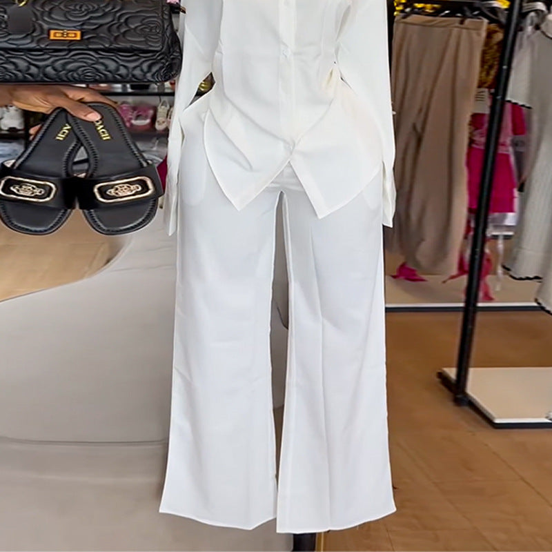 Women's summer round neck loose casual long sleeve shirt and wide leg trousers set 4