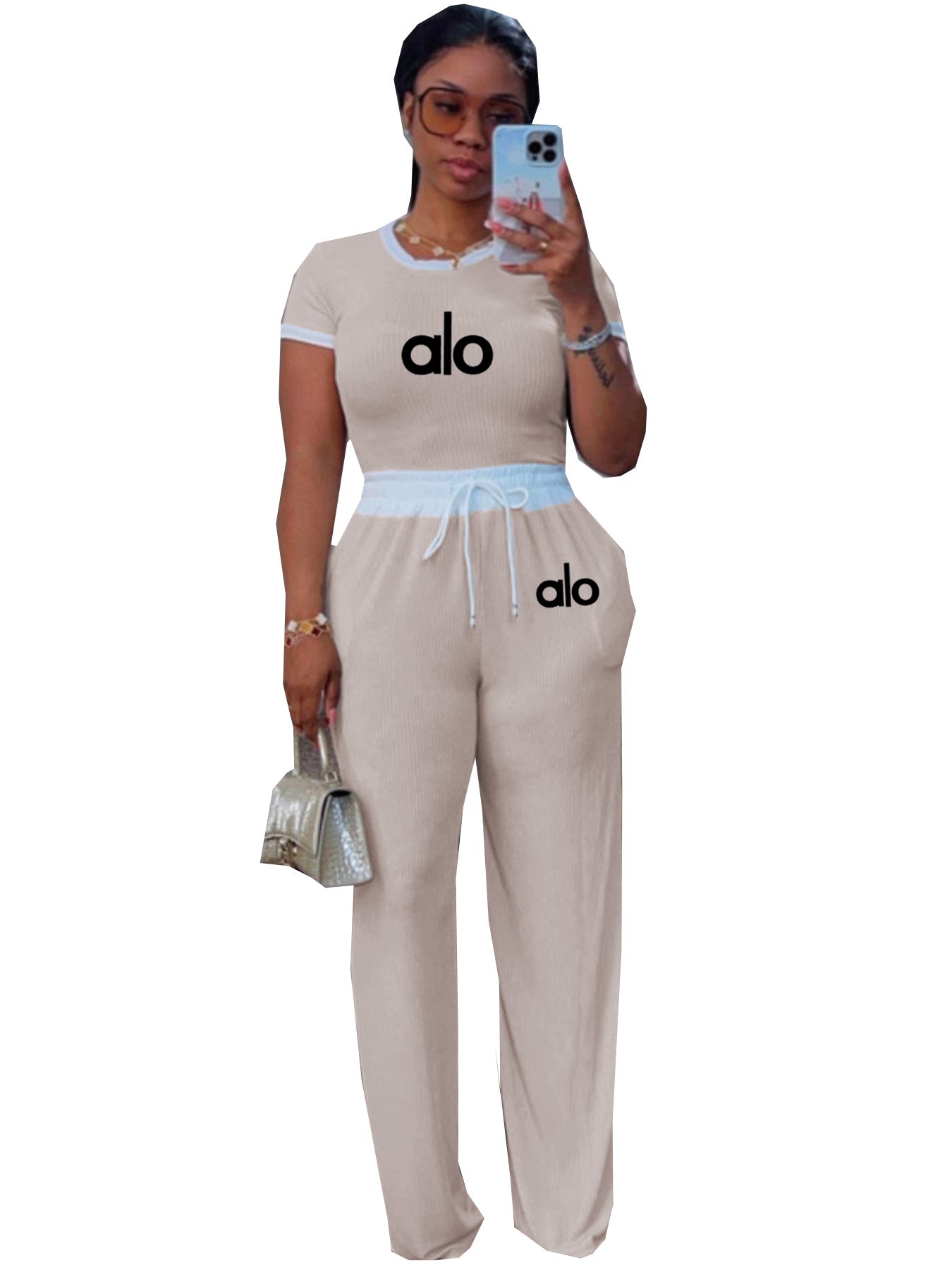 Women's Casual Street Rib Contrast Round Neck Short-Sleeve Two-Piece Pants Set 11