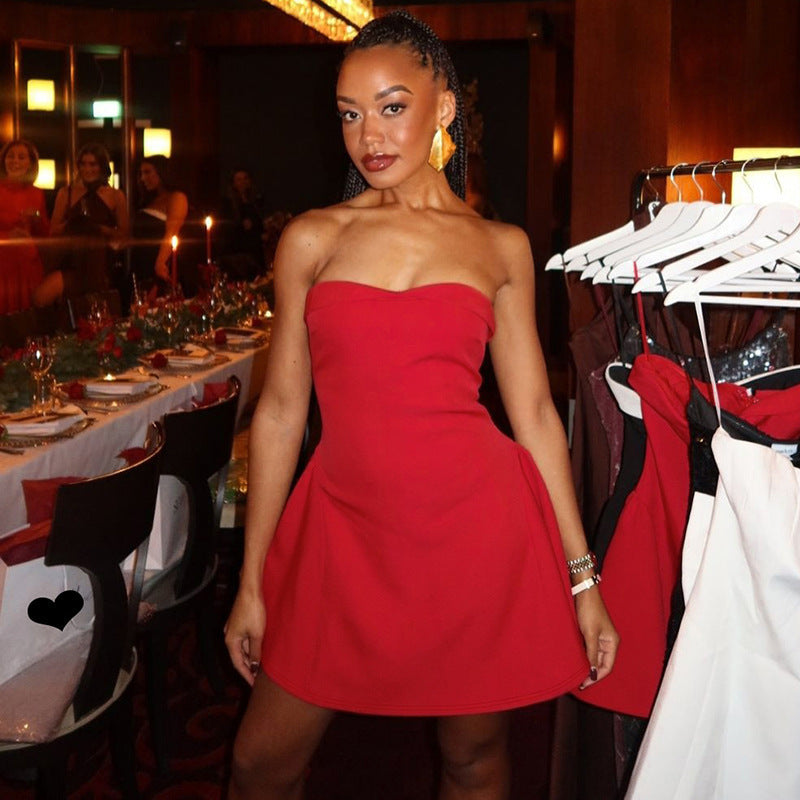 Women's Spring Patchwork Slim Waist Strapless A-Line Dress 3