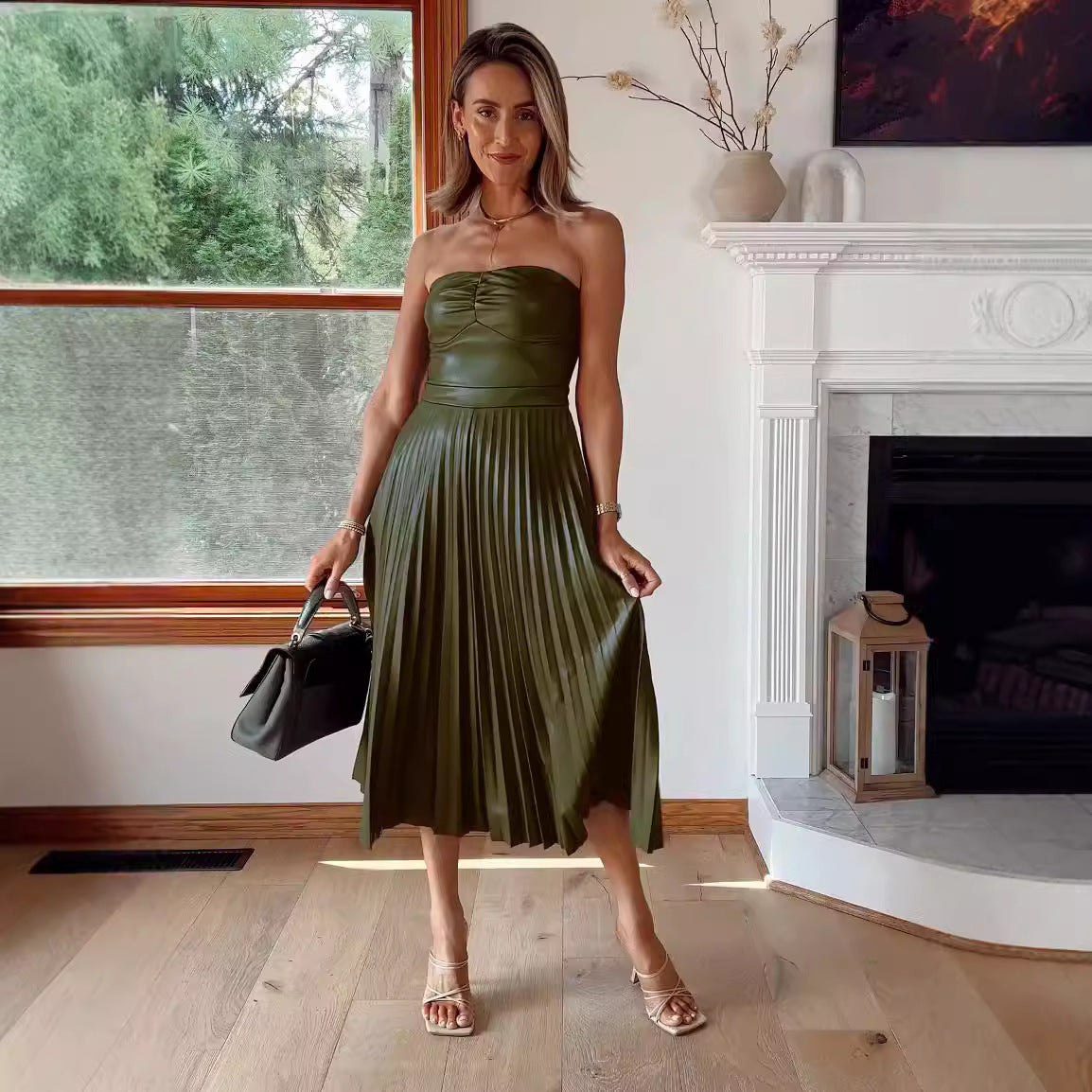 Spring and autumn strapless Casual loose pleated leather dress 5