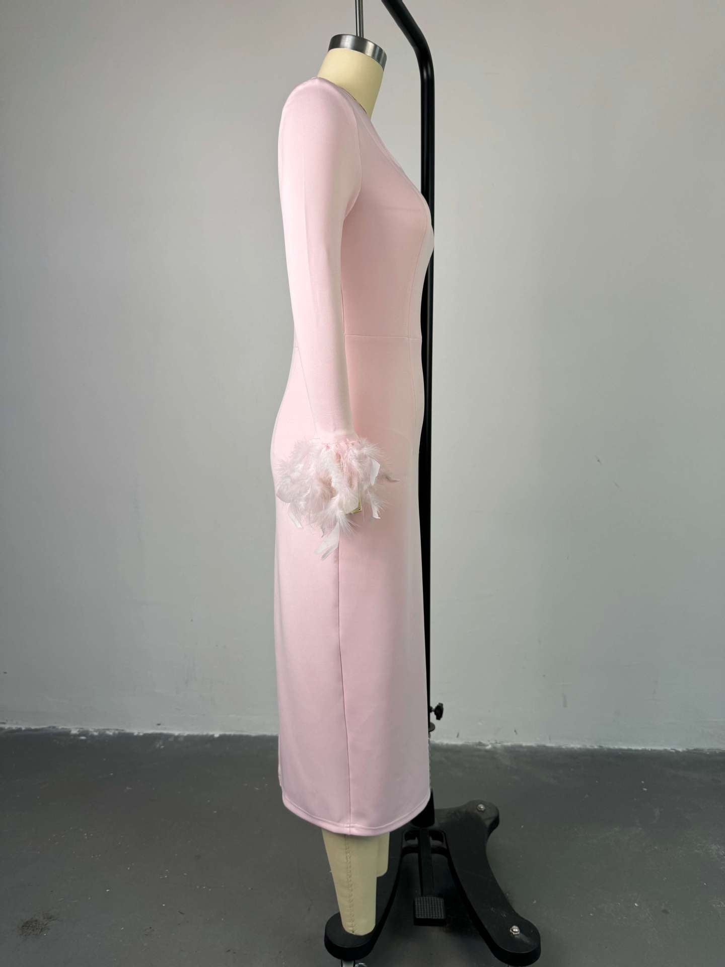 Women's autumn square neck feather long sleeve  high waist Slim midi dress 9