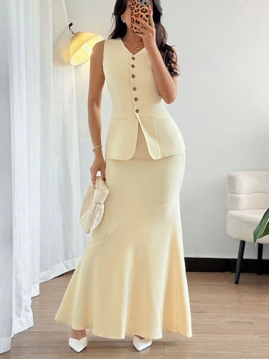 Women summer solid vest fishtail skirt two-piece set