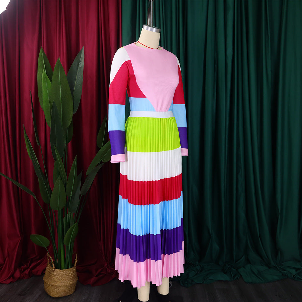 Women Autumn Pleated Print Contrast Color Long-sleeved Top and Skirt Two-Piece Set 30