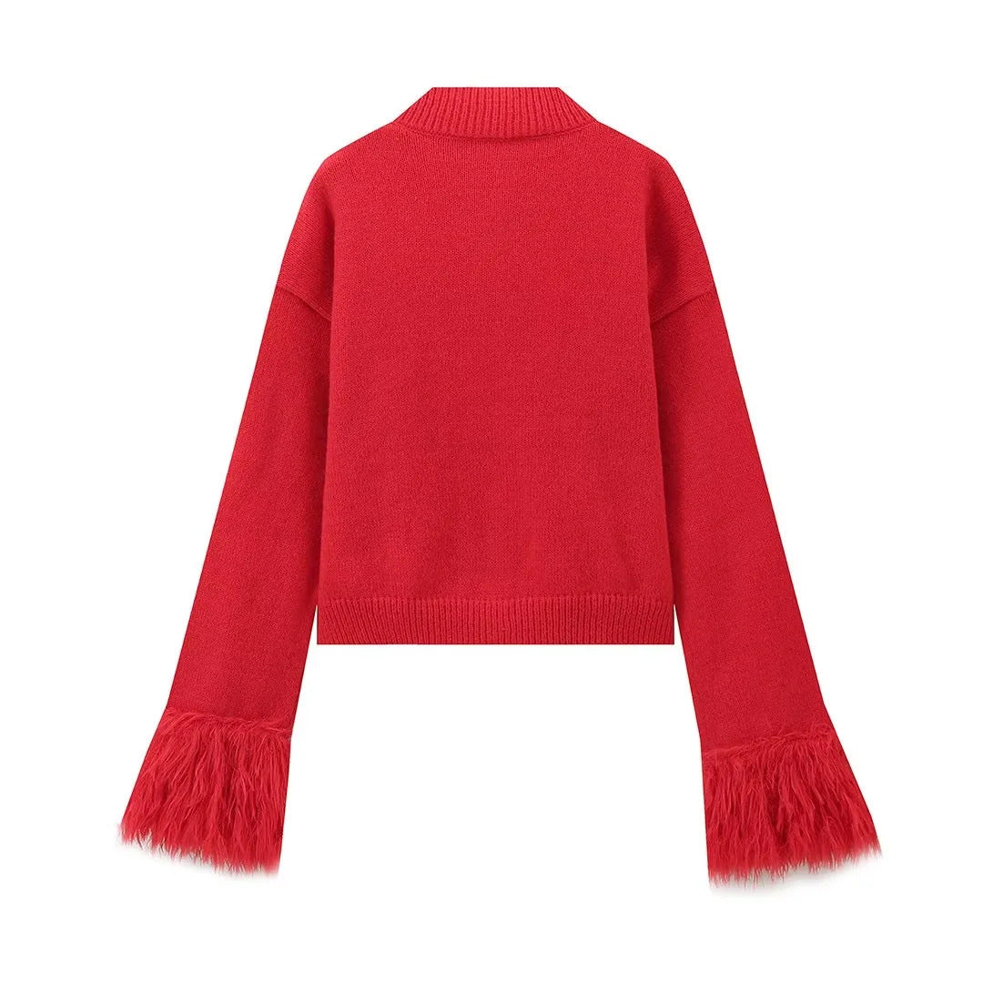 Women's Furry Patchwork Long Sleeve Button Knitting Cardigan 15