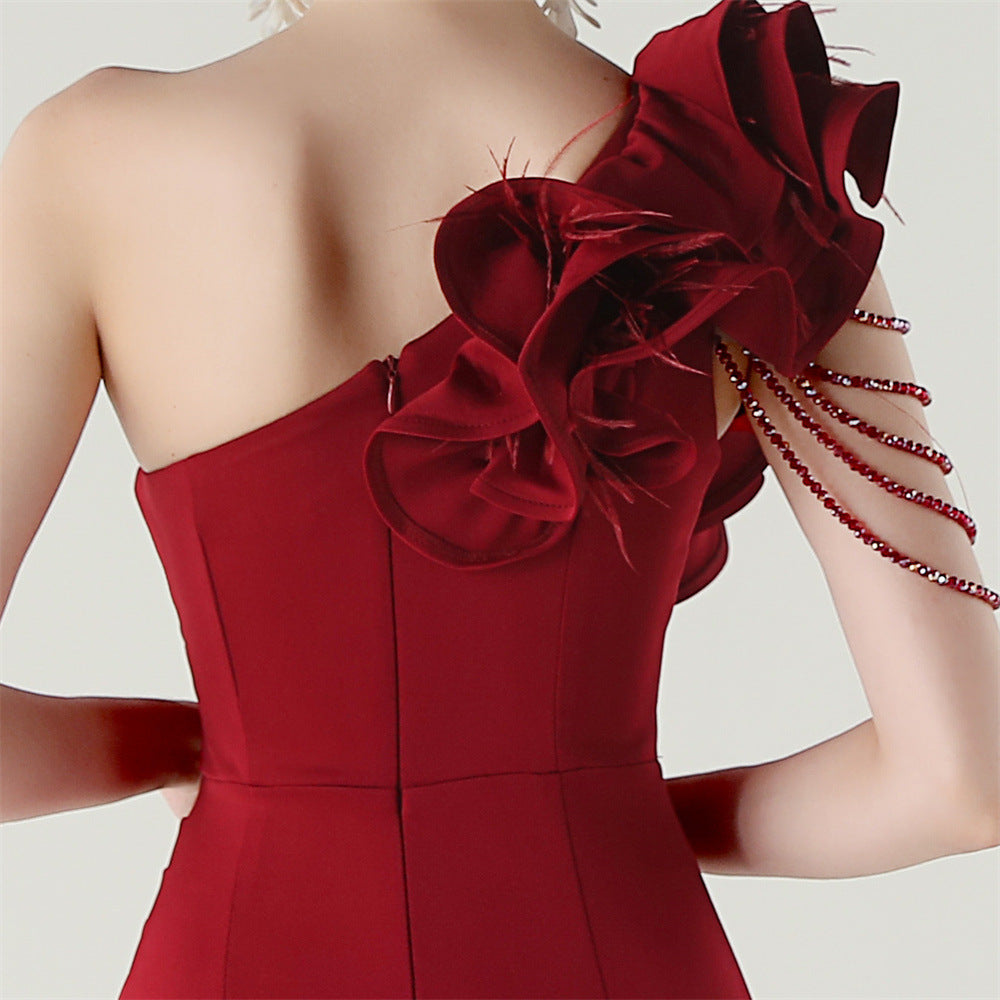 Women One-Shoulder Beaded Wool and Floral Satin Slit Sexy Evening Dress 76