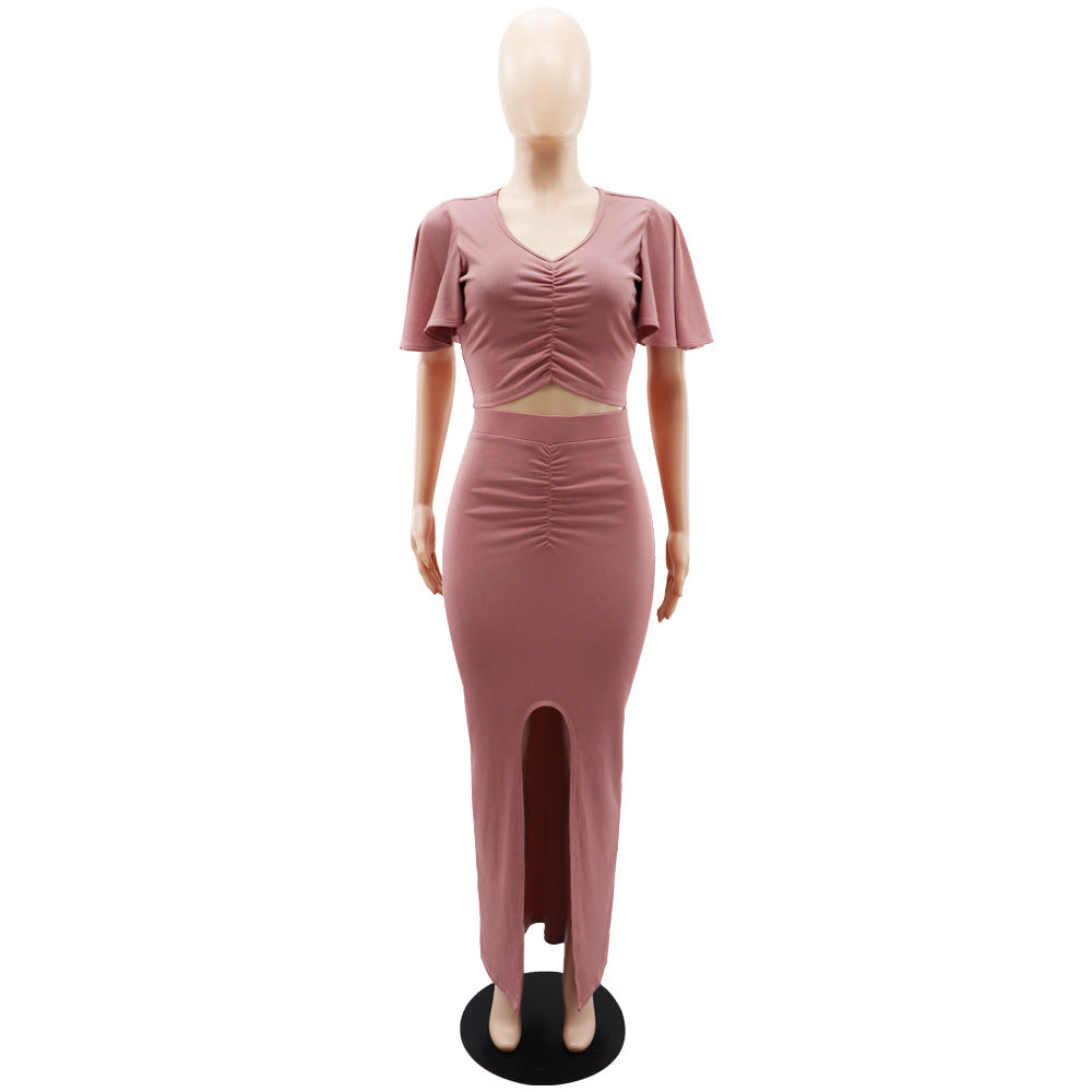 Women Ruffle Sleeve Crop V-Neck Top and Slit Bodycon Skirt Two-Piece Set 13