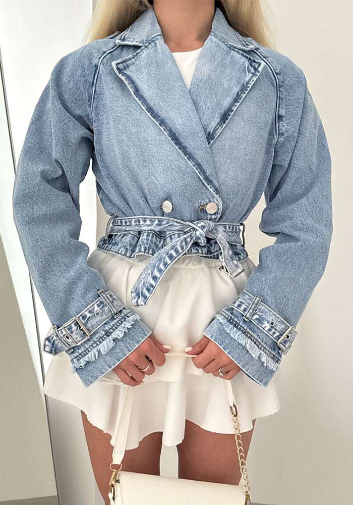 Women Turndown Collar Long-Sleeved Denim Trench Coat