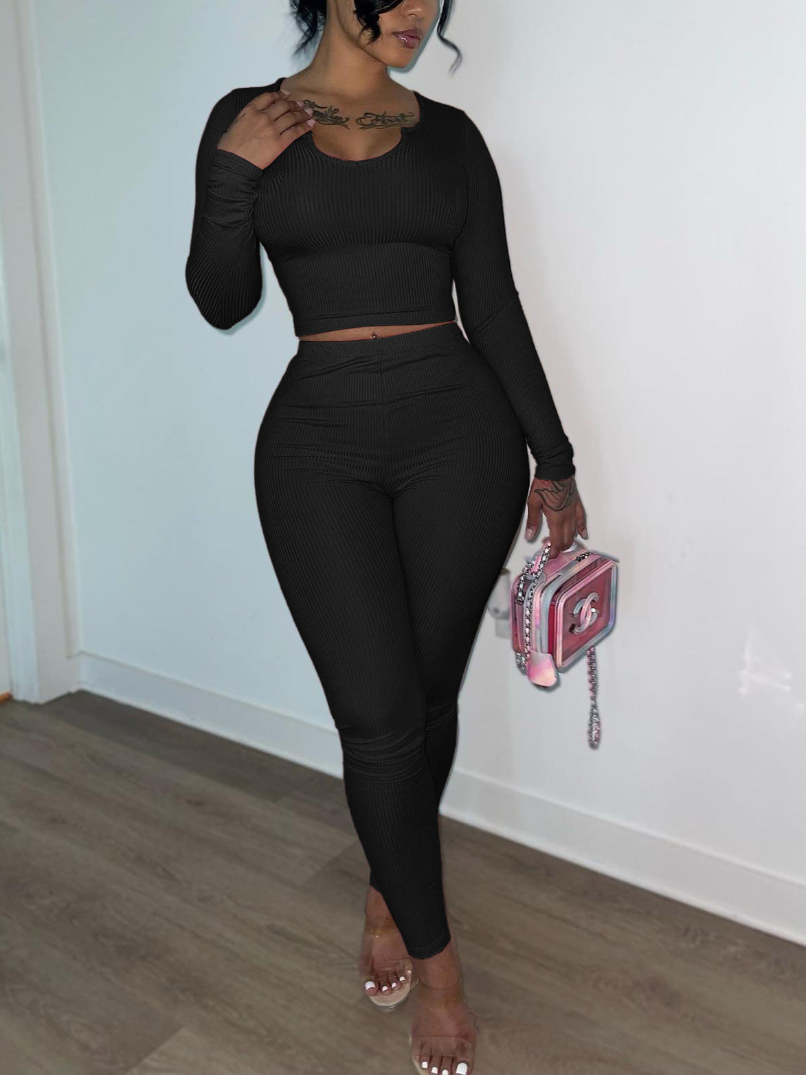 Women rib long-sleeved top and long pants two-piece set 4