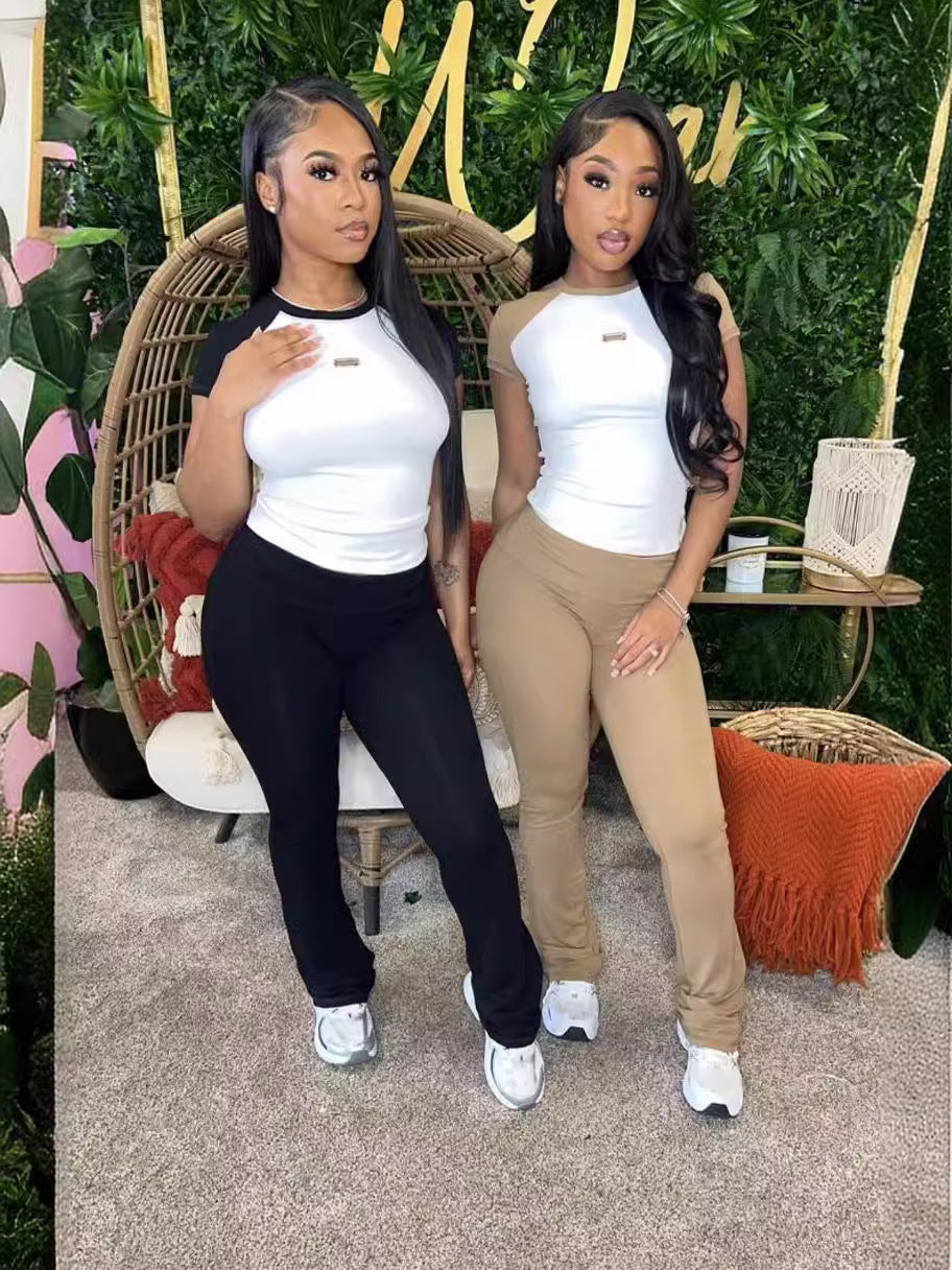 Women's Spring Summer Color Matching Sports Dance Fitness Yoga Short-Sleeved Two-Piece Pants Set 7