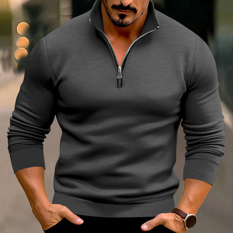 Spring And Winter Men's Casual Solid Color Long-Sleeved Zip Stand Collar T-Shirt Tops For Men 8