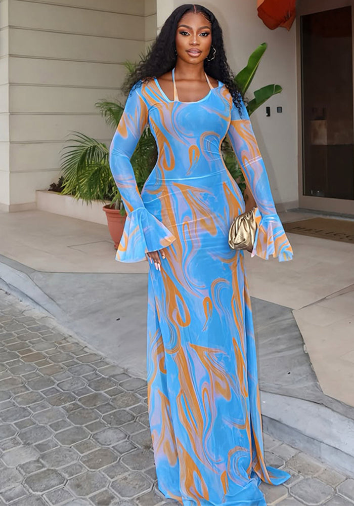 Round Neck Long-Sleeve Tie-Dye Print Dress