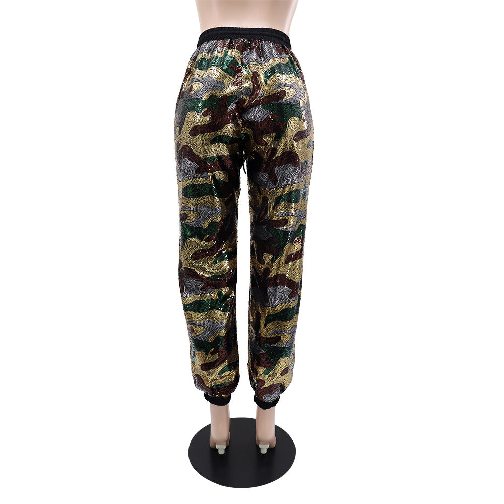 Women Camouflage Sequin Elastic Lace-Up Loose Straight Leg Cuff Pants 5