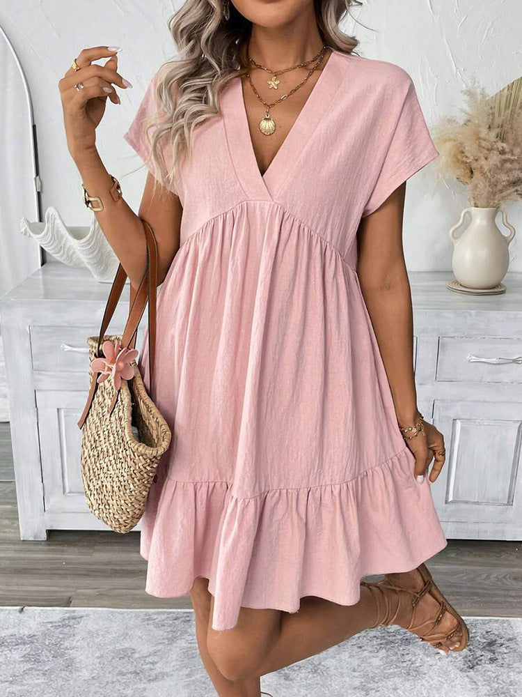 Women's Summer Holiday Style Ruffle Hem V-Neck Solid Color Loose Short Dress 10