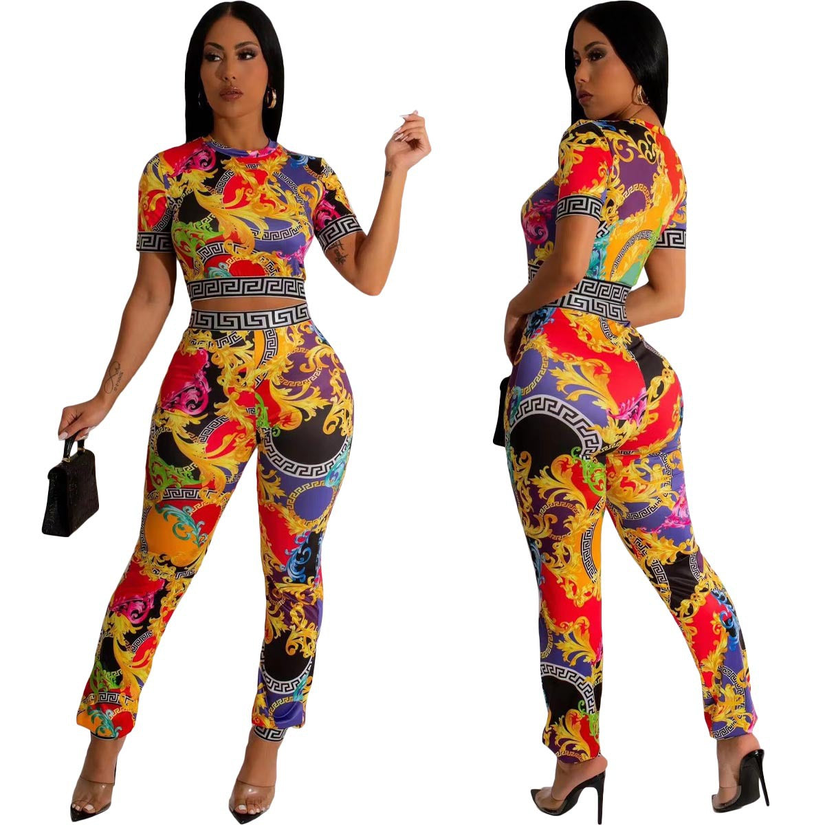 Spring Summer Fashion Print Short Sleeve Two-Piece Pants Set