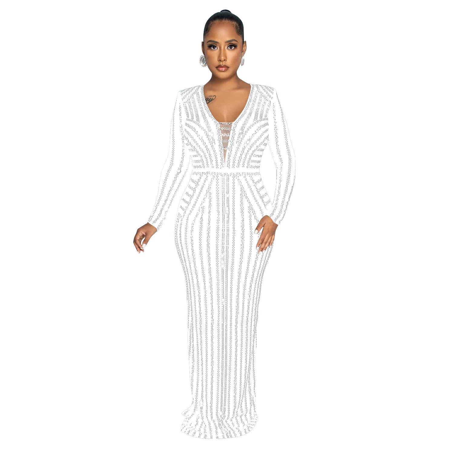 Fashion Women's Solid Color Beaded Long Sleeve Slit Maxi Dress 11