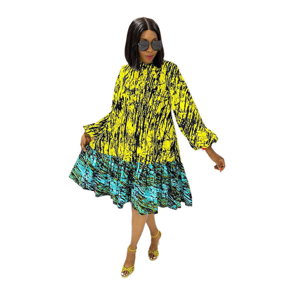 Women Printed Lace-Up Balloon Sleeves Loose Large Hem Round Neck Dress 9