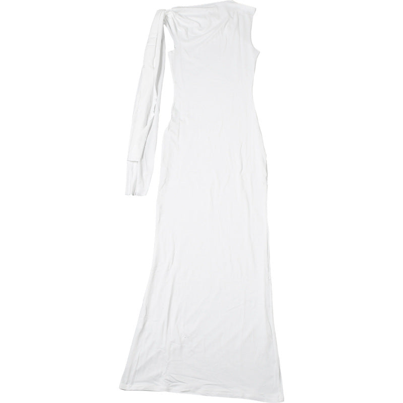 Spring & Summer Women's Casual Sexy Solid Slash Shoulder Sleeveless Slim Long Dress 19