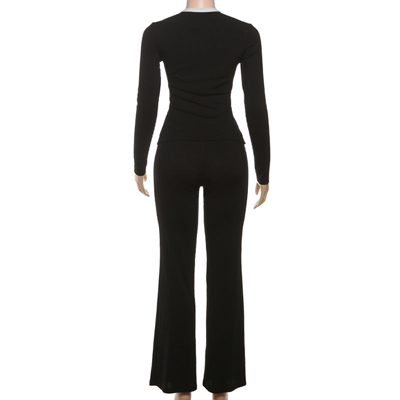 Women's Autumn Style Round Neck Button Contrast Color Long Sleeve Top & High-Waist Slim Fit Pants Set 11